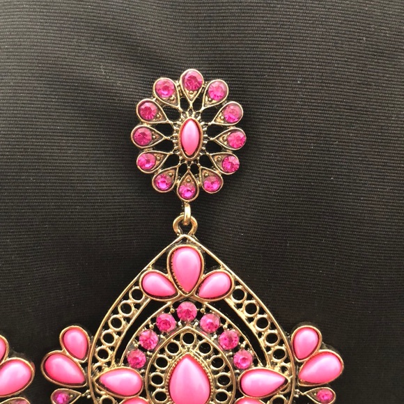 Pink & Gold Jeweled Chandelier Earrings - Picture 3 of 8